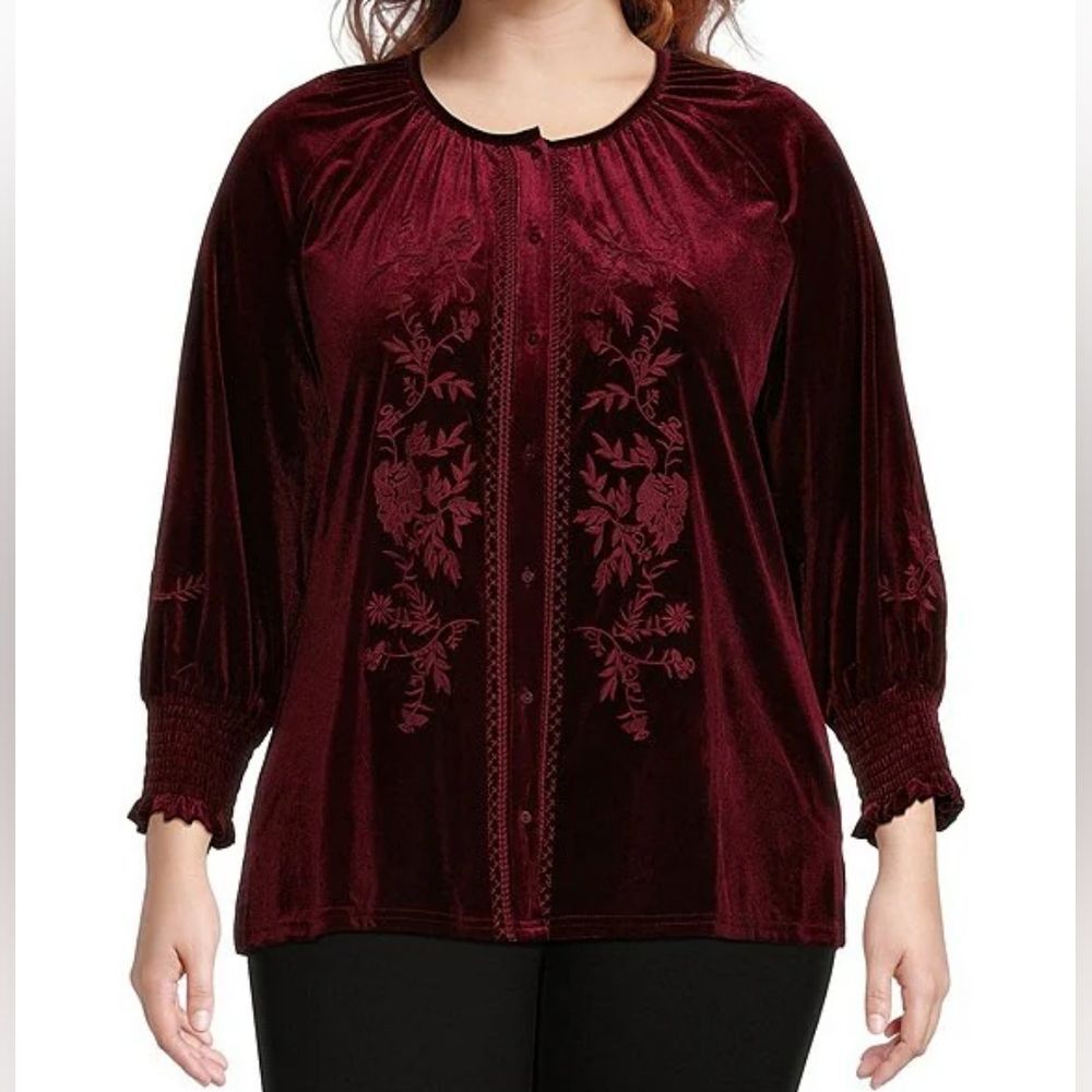 Calessa Button Up Down Shirt Womens Size 3X Red Floral Embroidered Velvet Boho